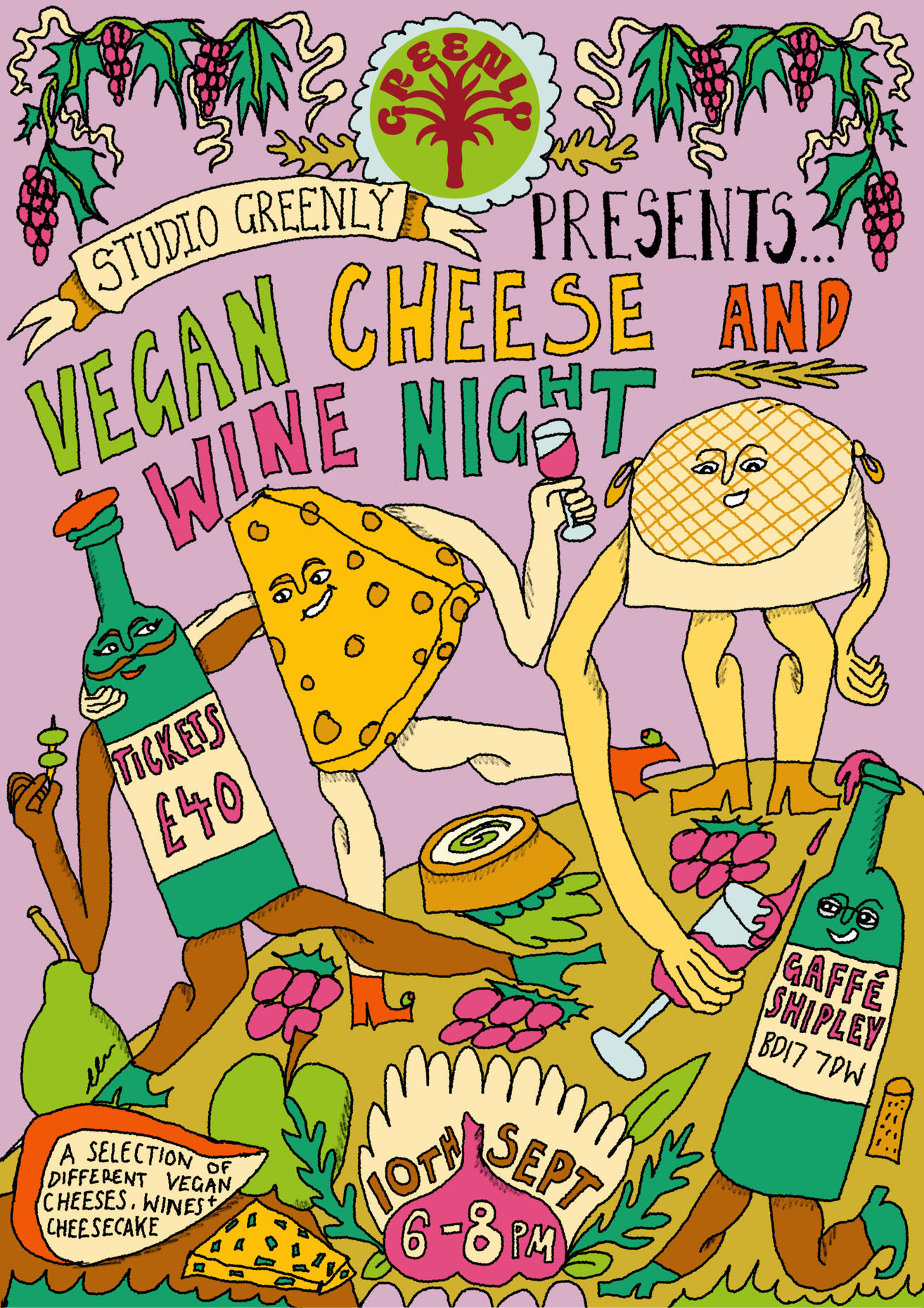 Vegan Cheese and Wine Night Illustrated Poster