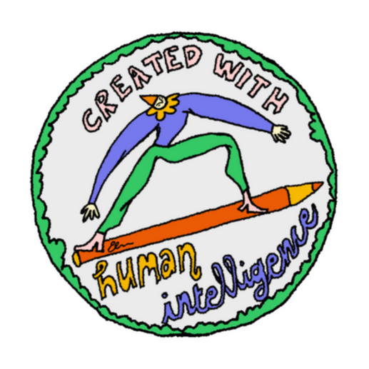 Created with human intelligence badge, with hand-drawn lettering and a clown standing on a red pencil, with a green border