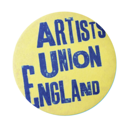 Untitled yellow and blue badge style graphic, with capital text saying "Artists Union England"