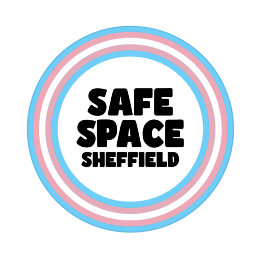 Untitled sheffield safe space logo, with trans flag circular outline and bold, black capital text in the middle