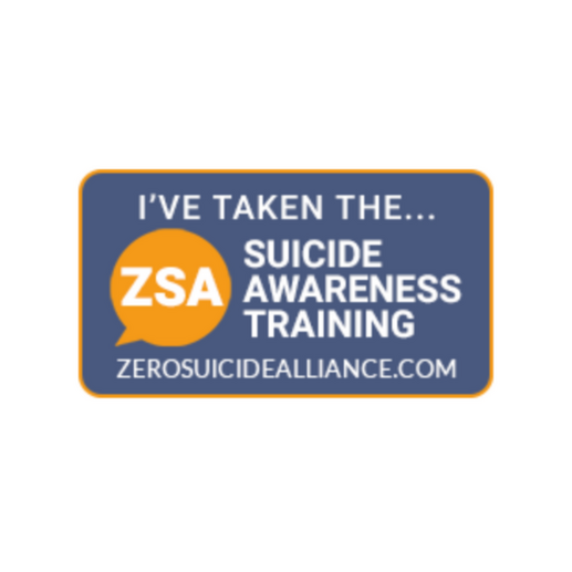 blue orange and white graphic- text inside a blue rectangle which states "I've taken the ZSA Suicide Awareness Training", ZSA is in white writing inside an orange speech bubble