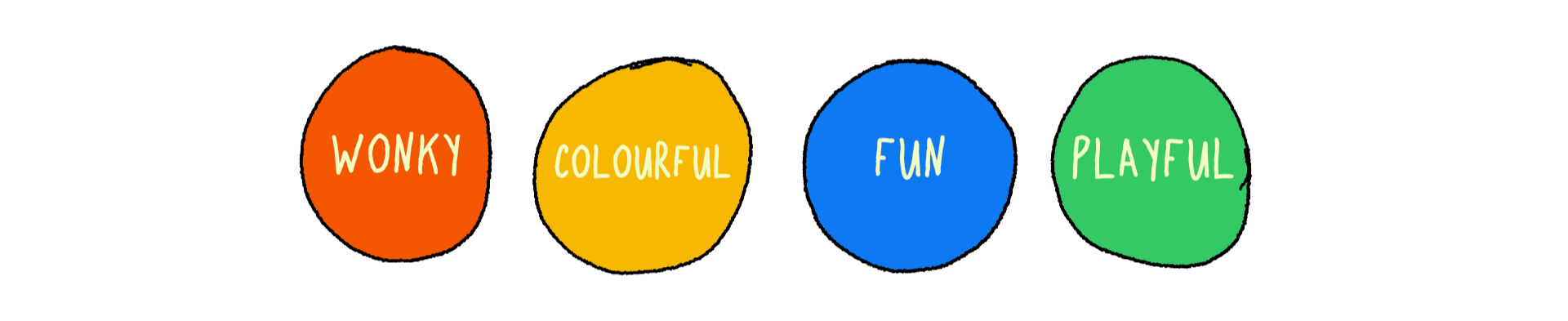 four hand-drawn wonky circles, filled with red, yellow blue and green fills. With the words 'wonky' 'colourful' 'fun' and 'playful' written inside in a light yellow